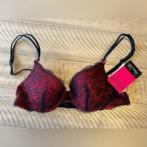 Rene Rofe Red Bra with Black Lace Overlay 34A NWT